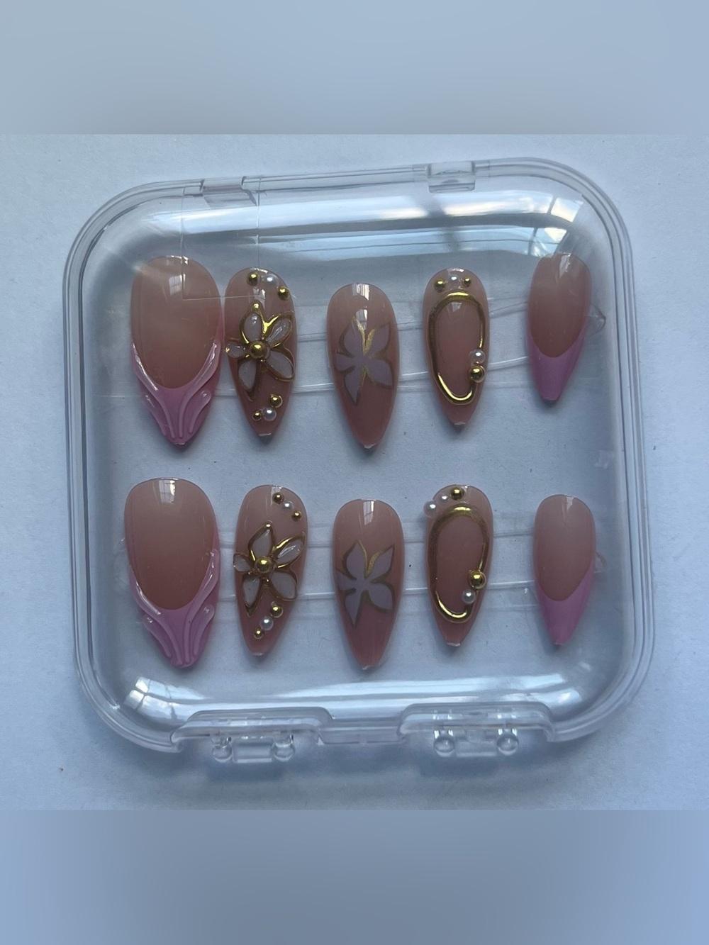 Pink Accent Floral Press-On Nail Set - Women Makeup